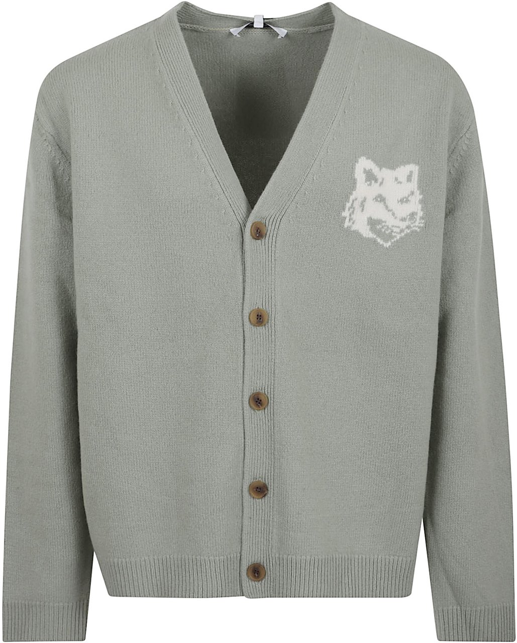 Maison Kitsuné MAISON KITSUNE FOX HEAD INTARSIA MERINO CARDIGAN Lime