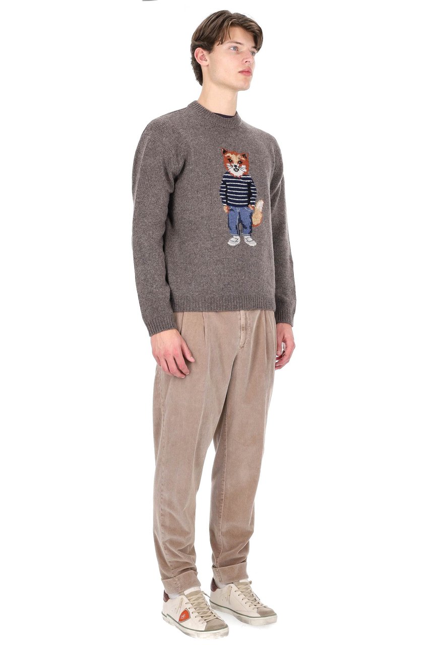Maison Kitsuné Wool-Mohair Crewneck Sweater with Fox Jacquard Grijs