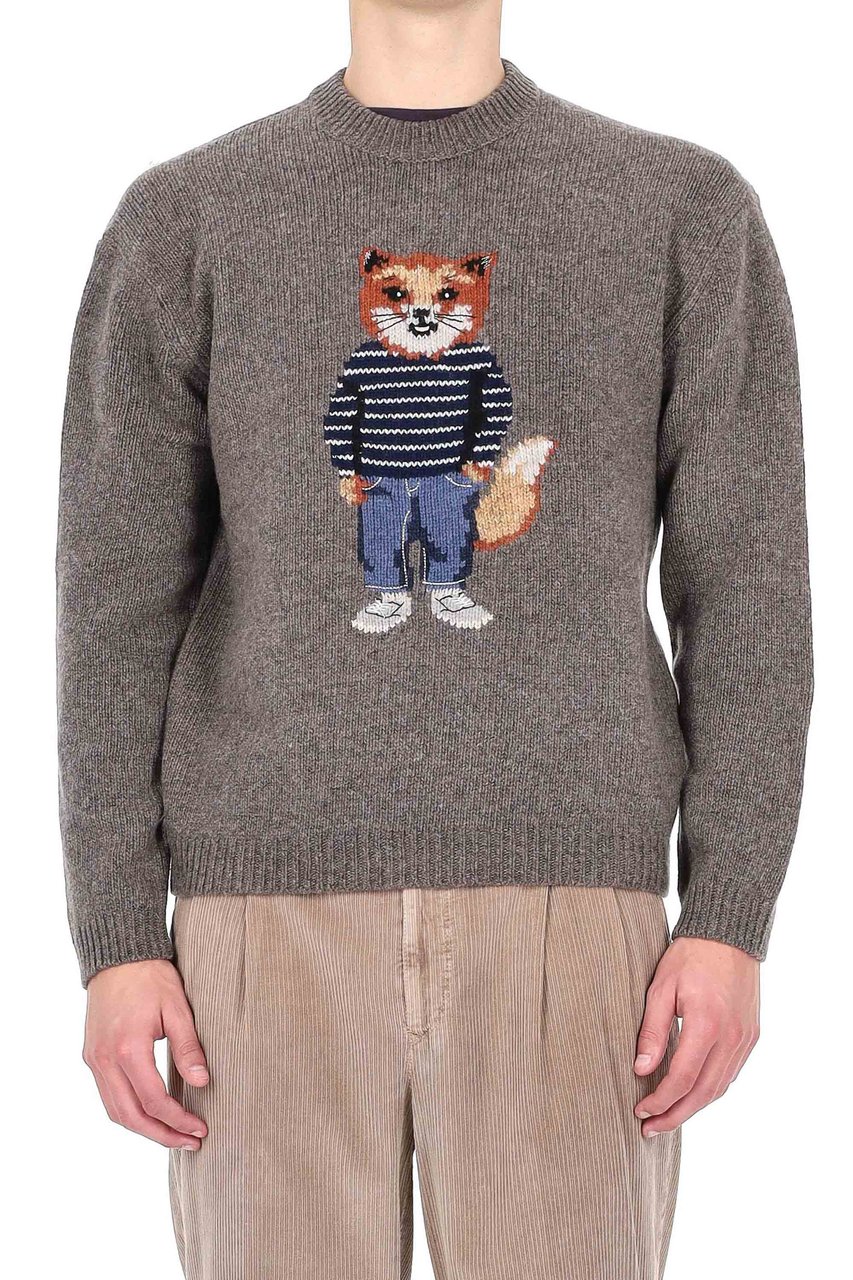 Maison Kitsuné Wool-Mohair Crewneck Sweater with Fox Jacquard Grijs