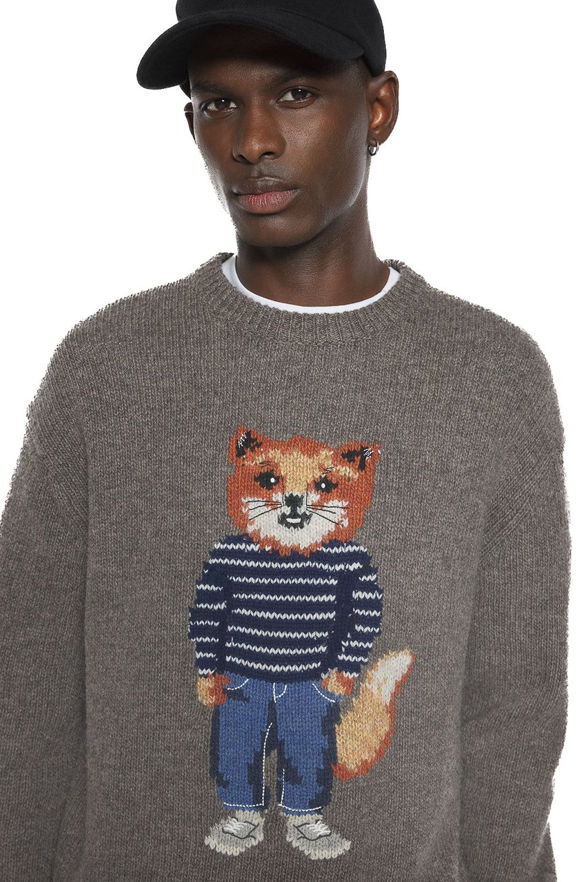 Maison Kitsuné Wool-Mohair Crewneck Sweater with Fox Jacquard Grijs