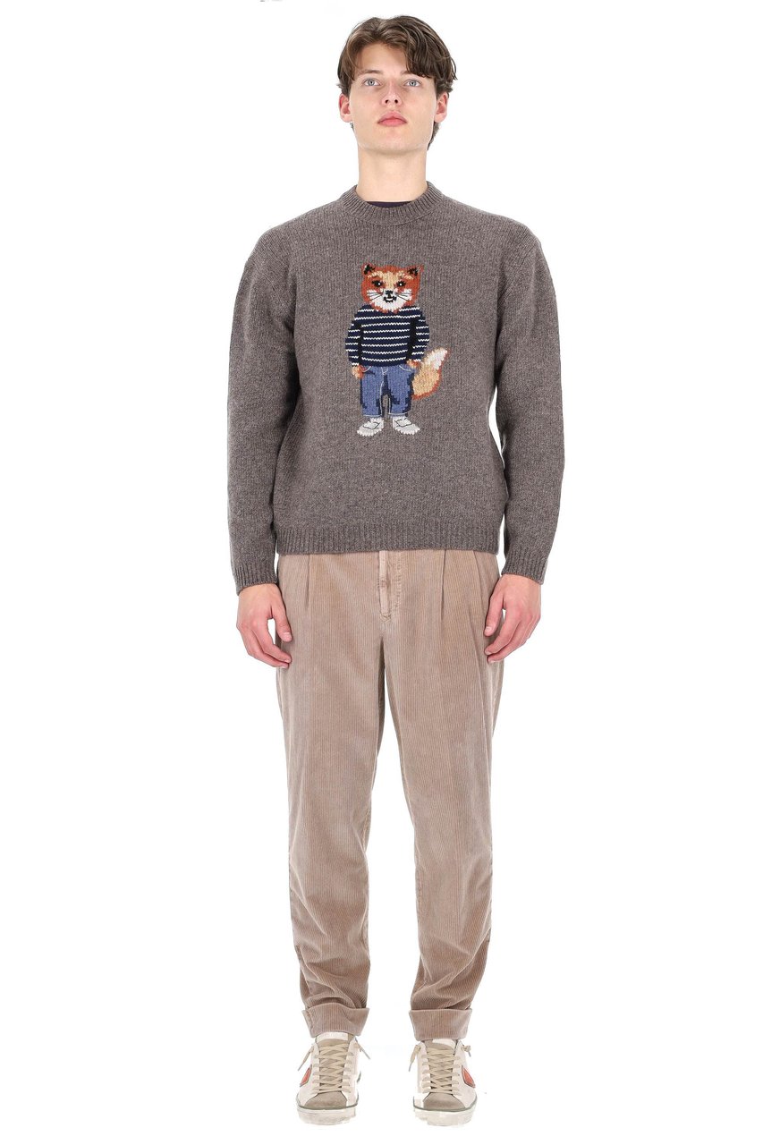 Maison Kitsuné Wool-Mohair Crewneck Sweater with Fox Jacquard Grijs