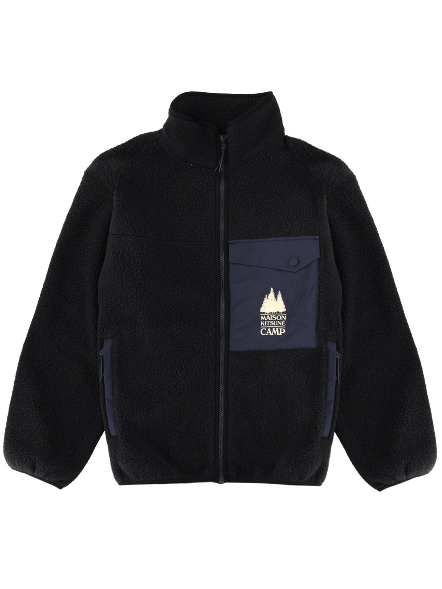 Maison Kitsuné Textured Fleece Polyester Stand Collar Jacket Zwart