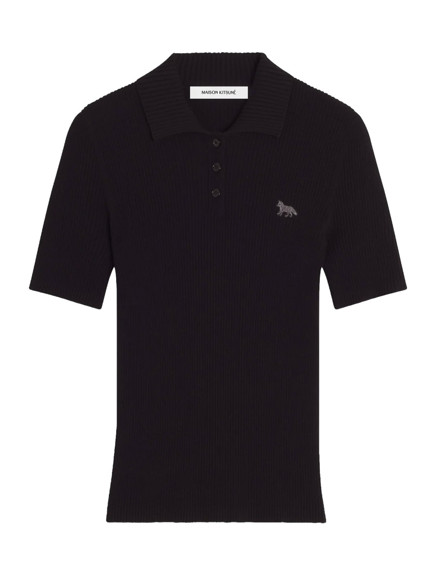 Maison Kitsuné Fitted Merino Wool-Cotton Embroidered Polo Shirt Zwart