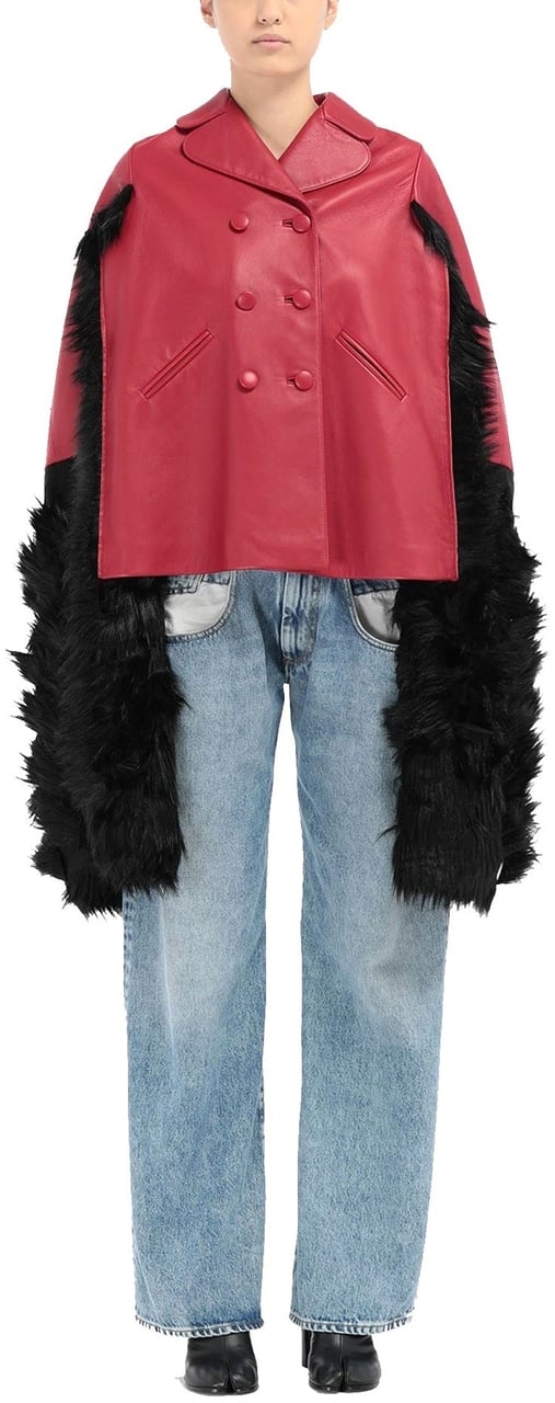 Maison Margiela Faux Fur Trimmed Leather Cape Jacket Rood