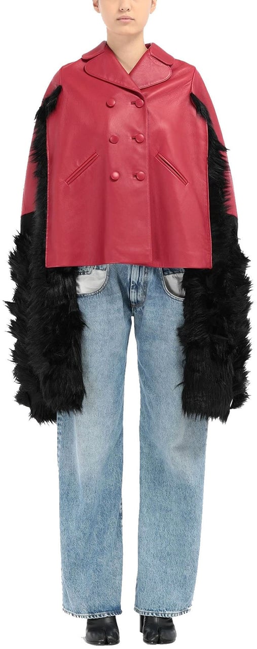 Maison Margiela Faux Fur Trimmed Leather Cape Jacket Rood