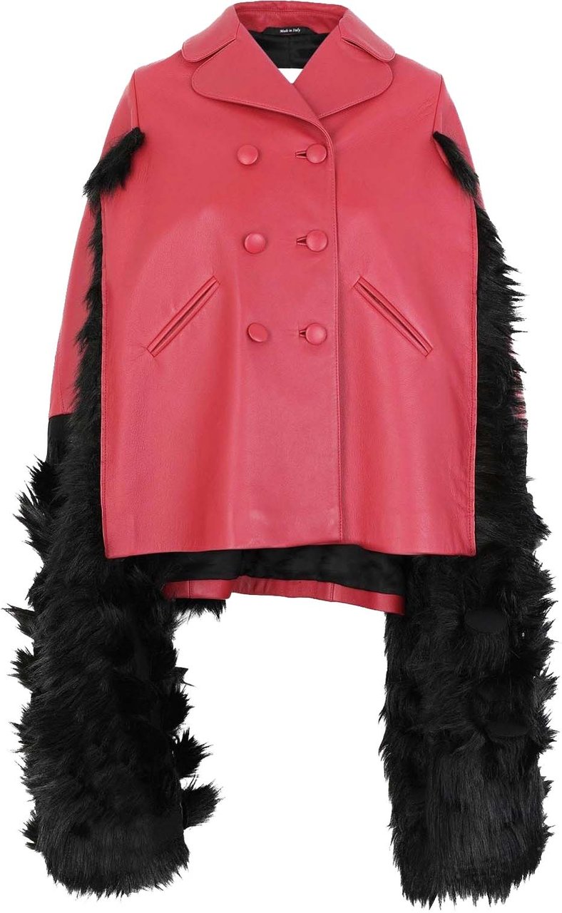 Maison Margiela Faux Fur Trimmed Leather Cape Jacket Rood