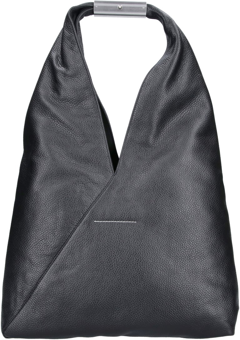 Maison Margiela Black Triangular Pebbled Leather Silver Handle Handbag Zwart