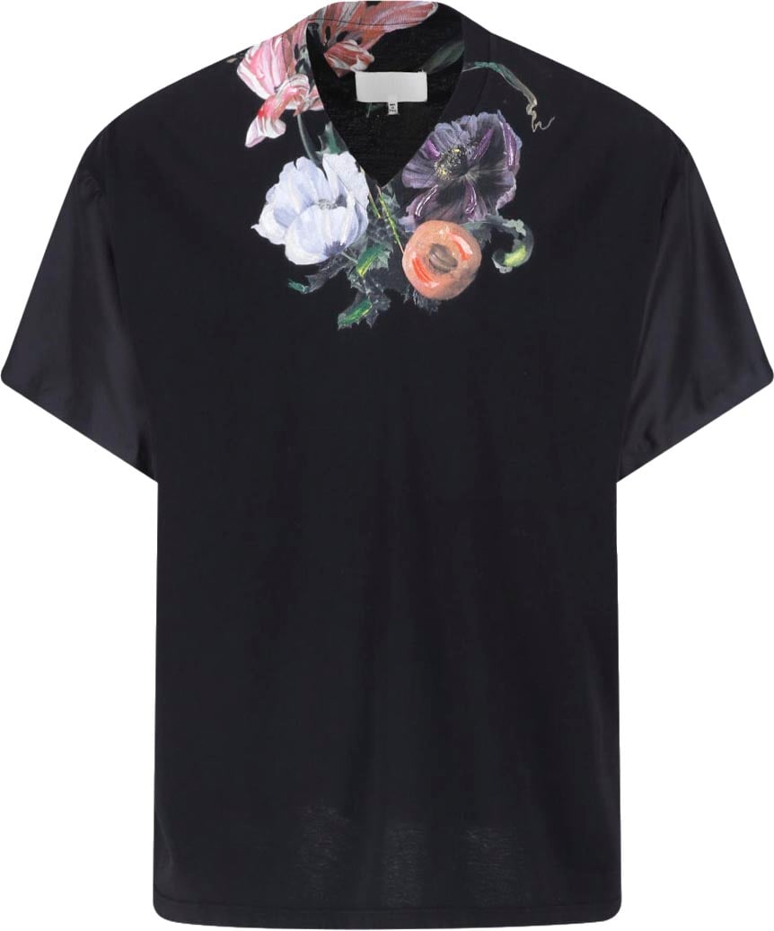 Maison Margiela Black V-Neck Floral Print T-Shirt Zwart