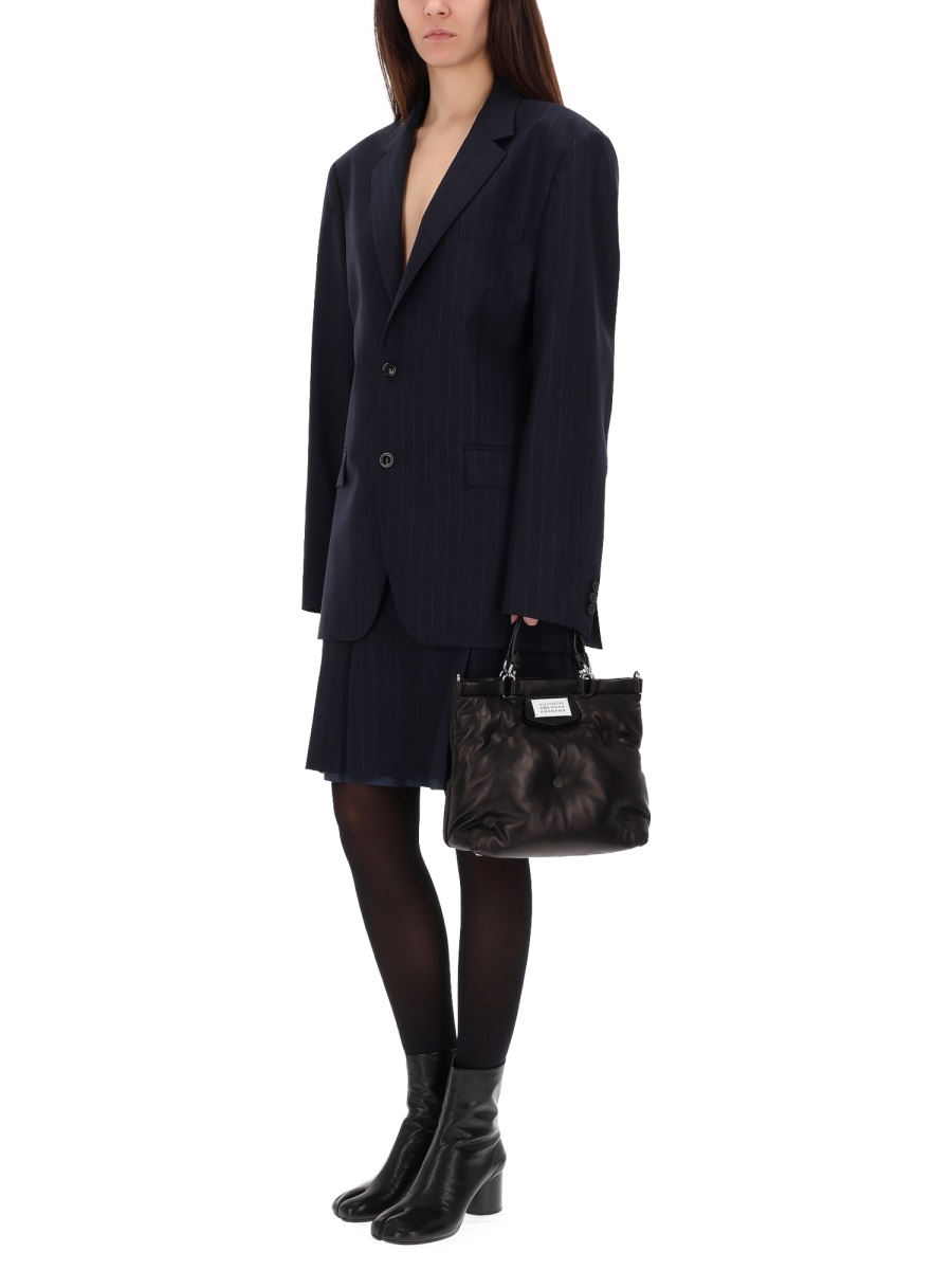 Maison Margiela Pinstripe Wool Flared Midi Skirt Zwart