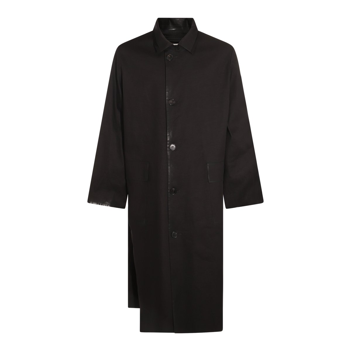 Maison Margiela Long Black Cotton Coat With Classic Shirt Collar And Minimalist Design Zwart
