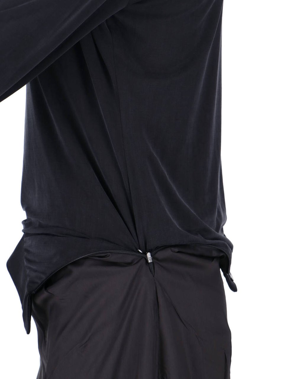 Maison Margiela Layered Black Midi Dress with Asymmetrical Skirt Overlay Zwart