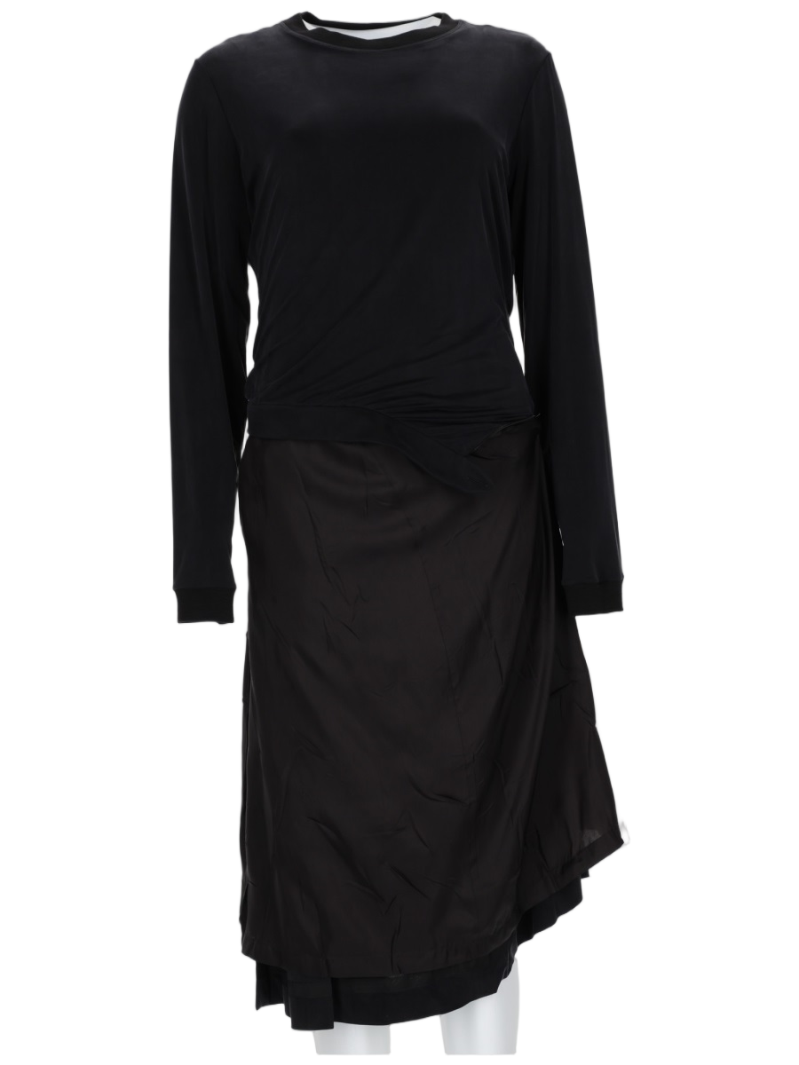 Maison Margiela Layered Black Midi Dress with Asymmetrical Skirt Overlay Zwart