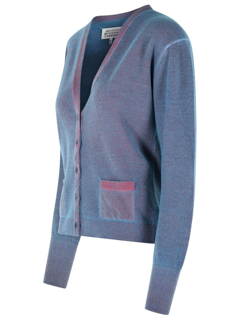 Maison Margiela Virgin Wool Cardigan With Light Blue And Red V-Neck Blauw