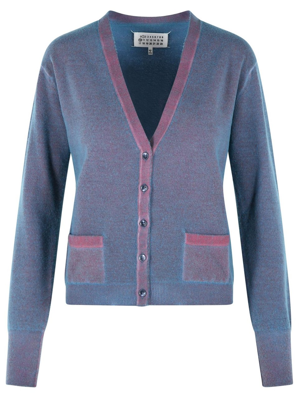 Maison Margiela Virgin Wool Cardigan With Light Blue And Red V-Neck Blauw
