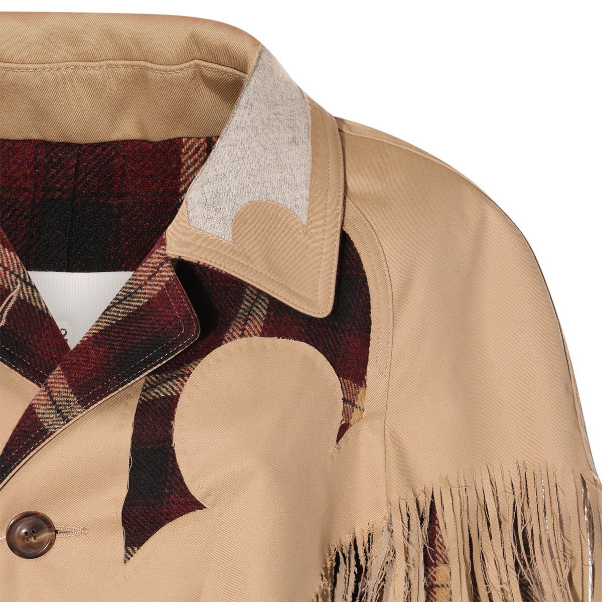Maison Margiela Fringed Cape Overcoat With Check Pattern And Belted Waist Neutraal