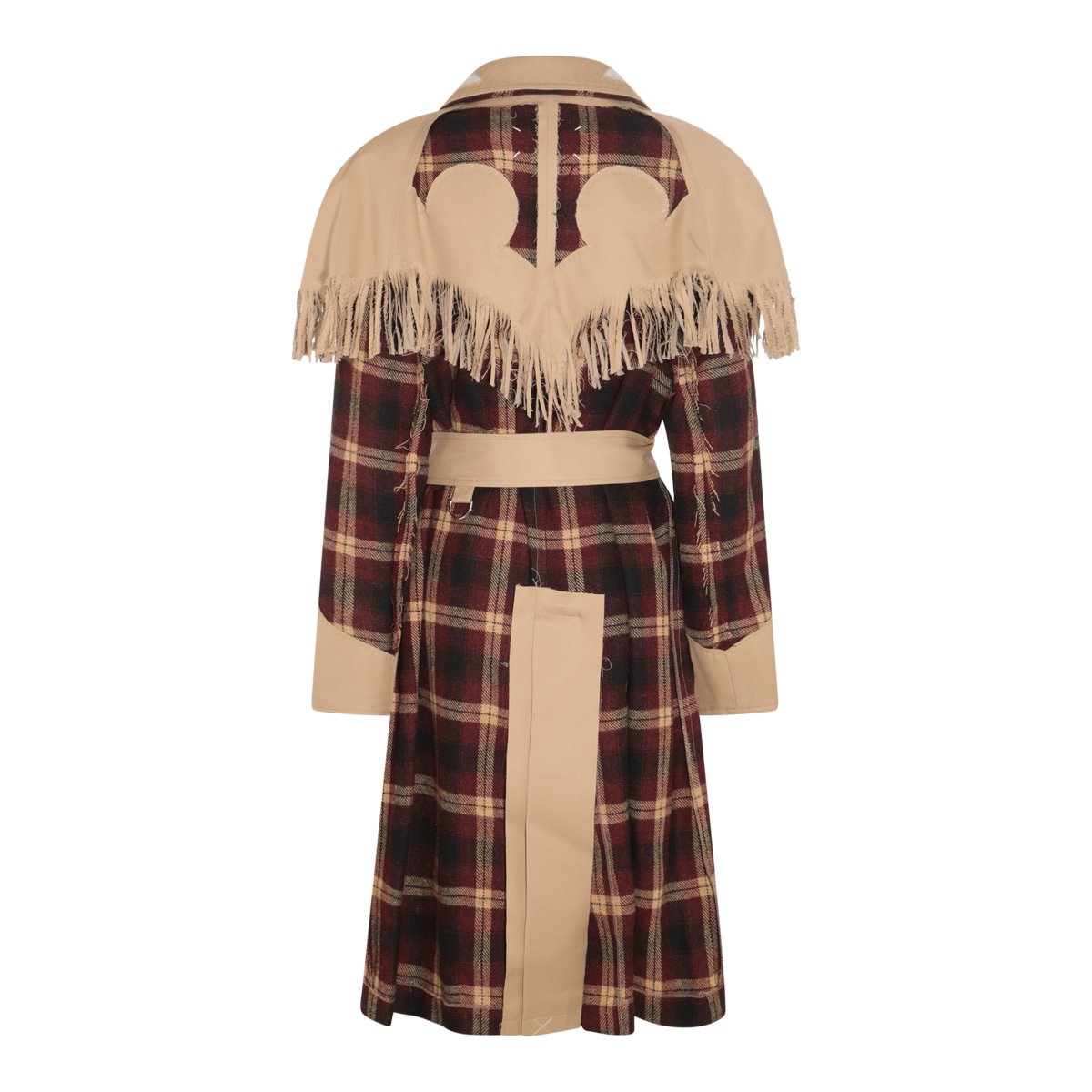 Maison Margiela Fringed Cape Overcoat With Check Pattern And Belted Waist Neutraal