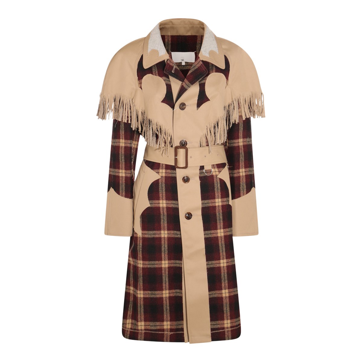 Maison Margiela Fringed Cape Overcoat With Check Pattern And Belted Waist Neutraal