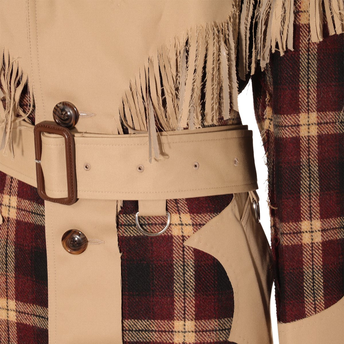 Maison Margiela Fringed Cape Overcoat With Check Pattern And Belted Waist Neutraal