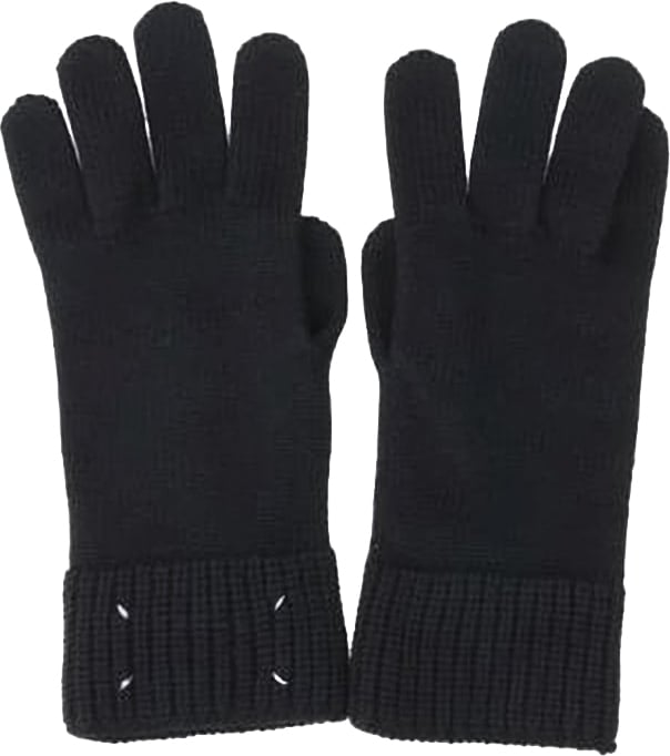 Maison Margiela Black Knit Gloves With Ribbed Cuffs And Logo Embroidery Zwart