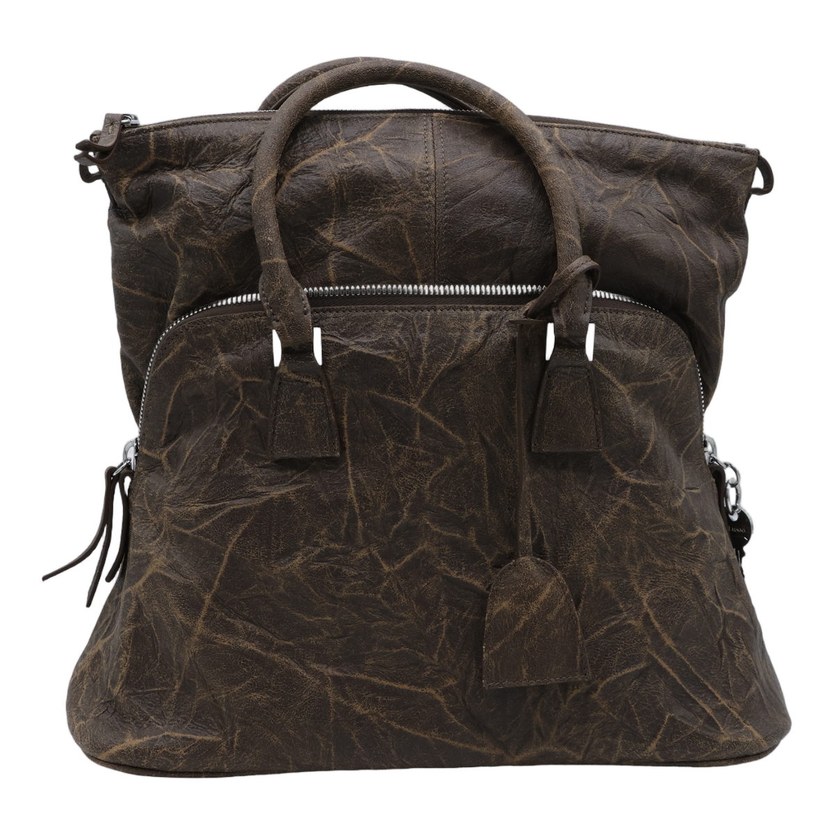 Maison Margiela Structured Handbag with Distressed Leather and Silver Accents Bruin
