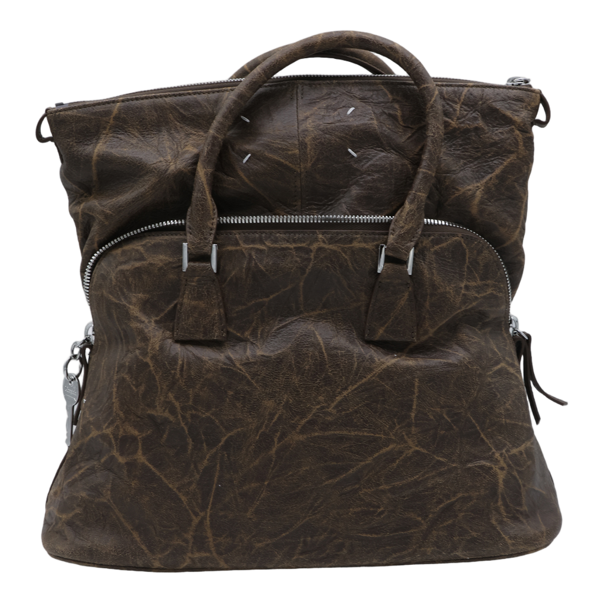Maison Margiela Structured Handbag with Distressed Leather and Silver Accents Bruin