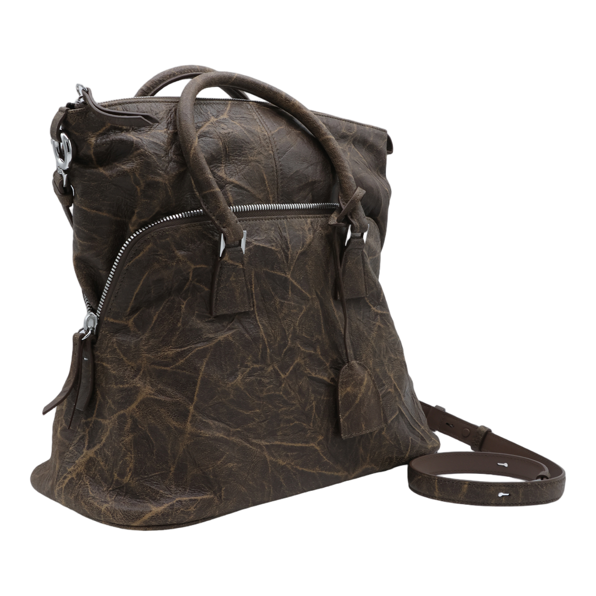 Maison Margiela Structured Handbag with Distressed Leather and Silver Accents Bruin