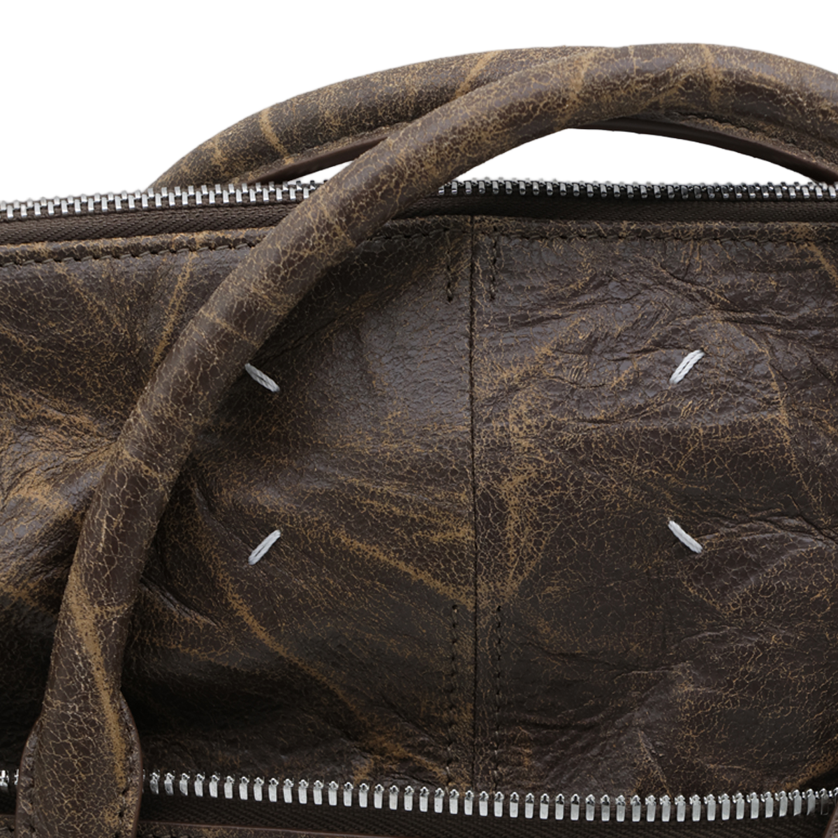 Maison Margiela Structured Handbag with Distressed Leather and Silver Accents Bruin