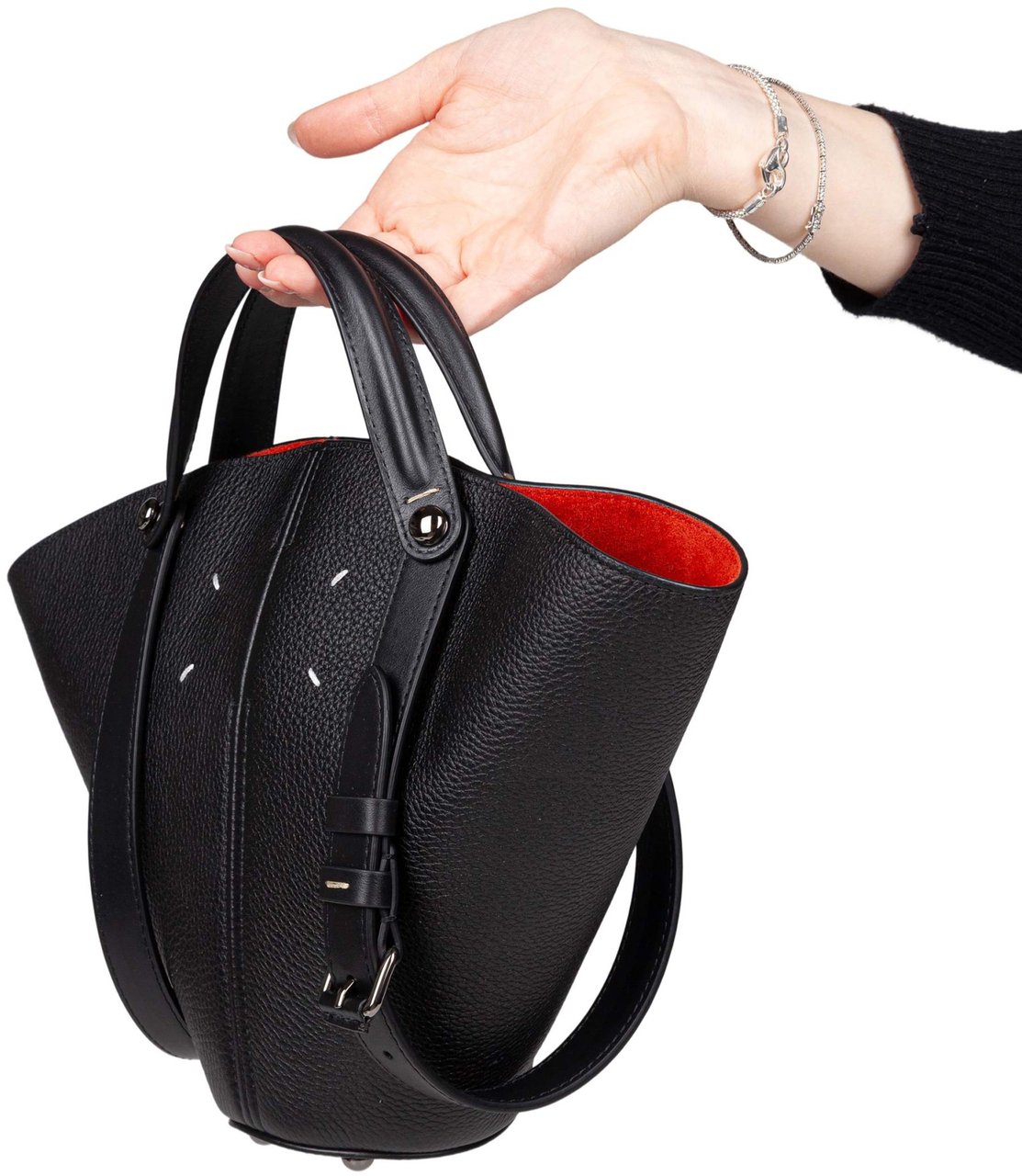 Maison Margiela Maison margiela small dress-age leather bucket bag in black and red Zwart