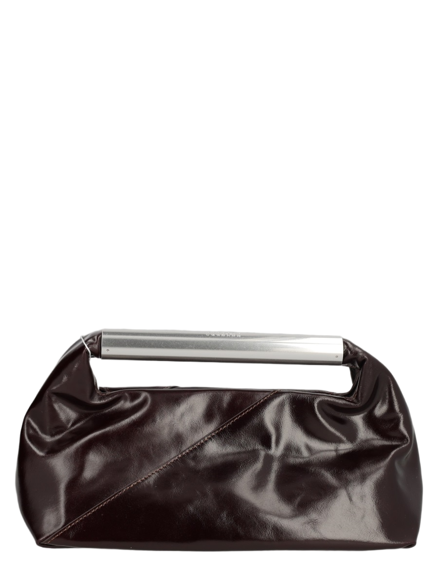 Maison Margiela Glossy Brown Cowhide Clutch with Silver Bar Handle Zwart