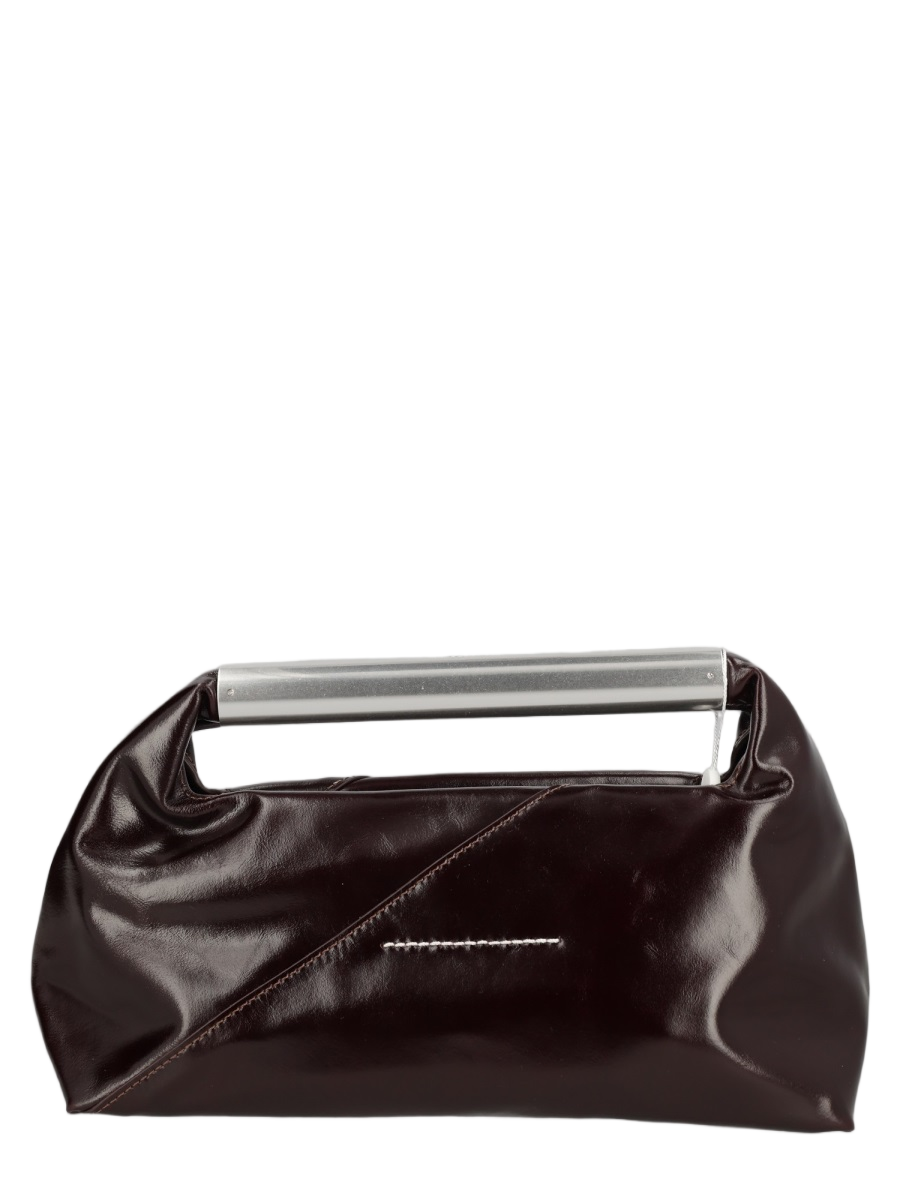 Maison Margiela Glossy Brown Cowhide Clutch with Silver Bar Handle Zwart