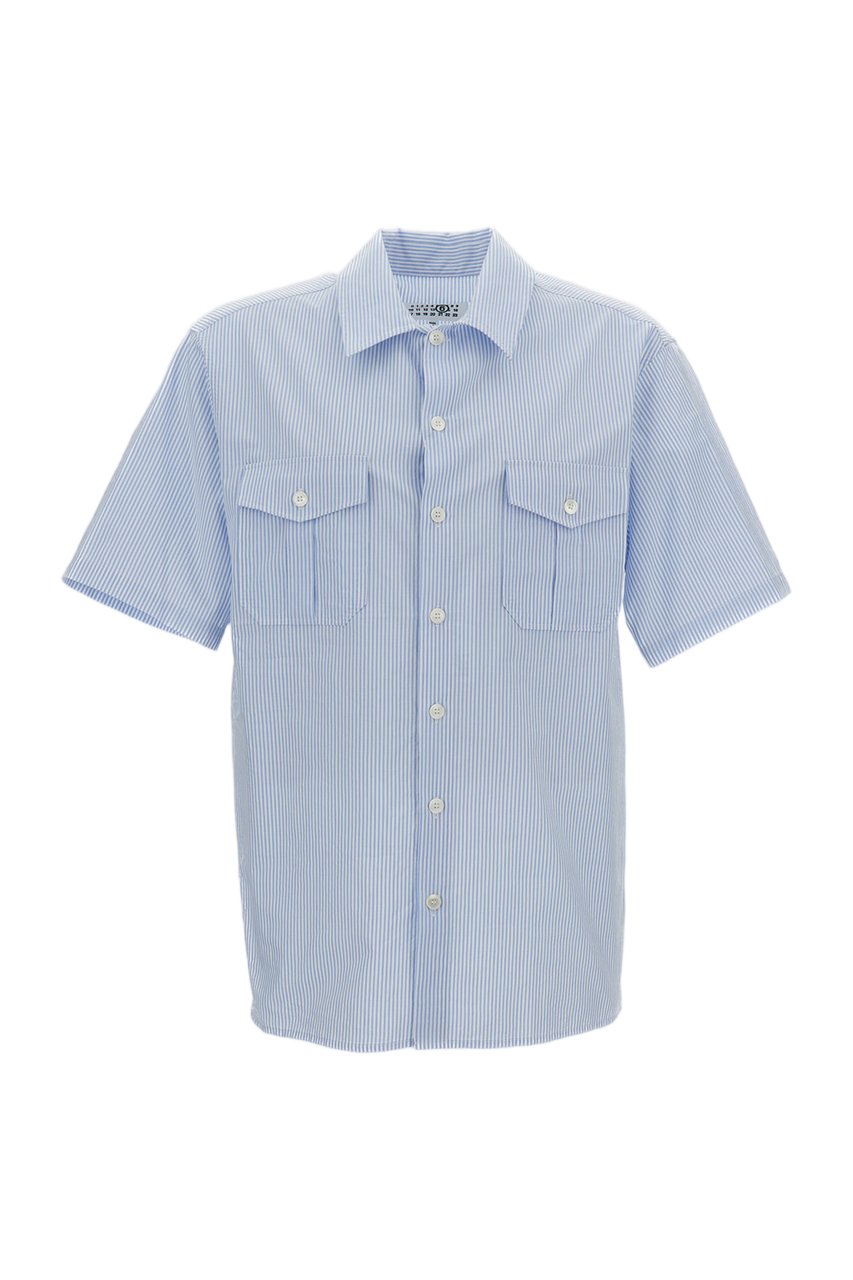 Maison Margiela Light Blue Striped Cotton Short-Sleeve Shirt Blauw