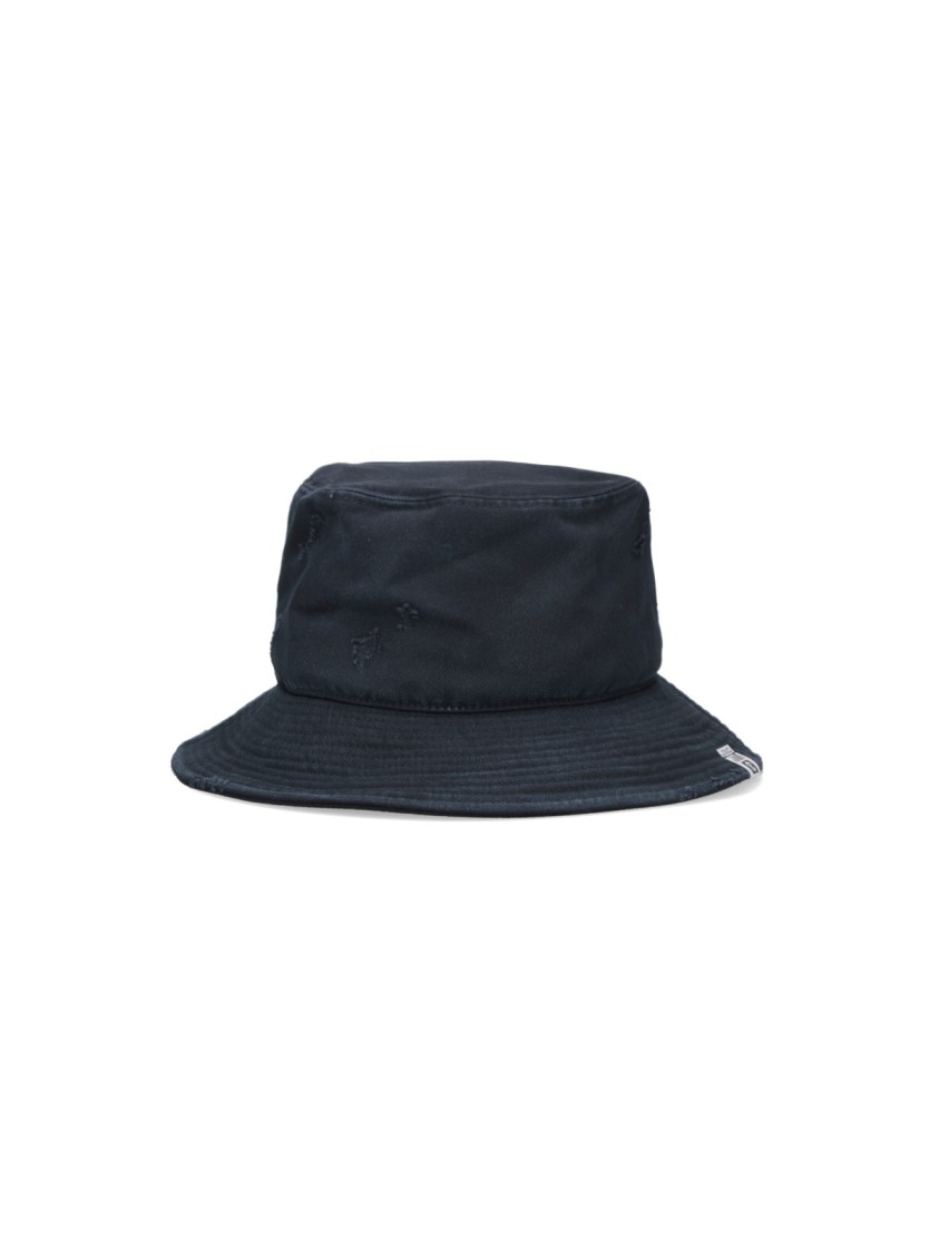 Maison Mihara Yasuhiro Wide Brim Bucket Hat With Contrasting Embroidered Logo Patch Blauw