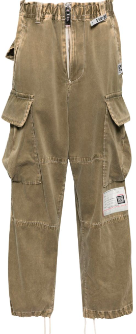 Maison Mihara Yasuhiro Loose Satin Big Stitch Cargo Trousers Khaki Groen