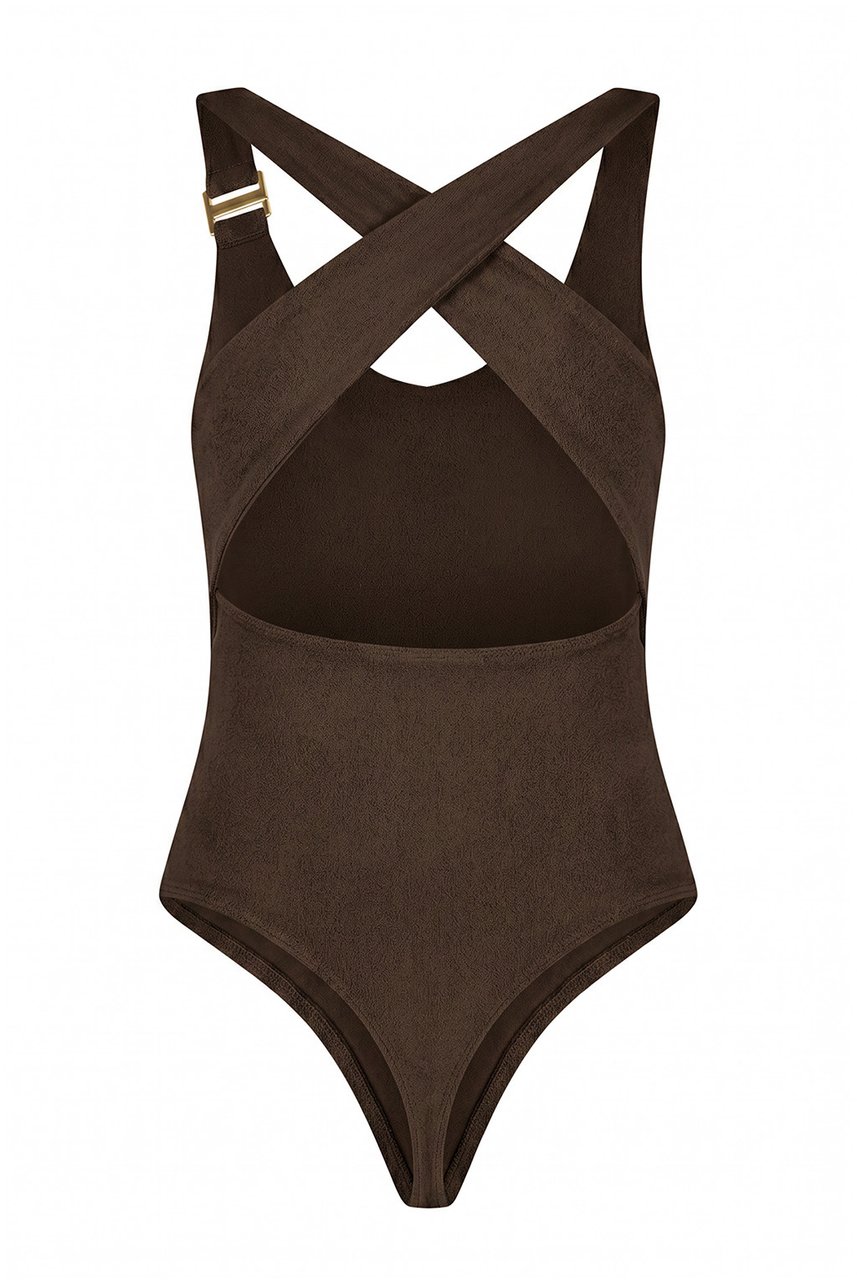 Malelions Women Cross Back Bouclé Bodysuit Bruin