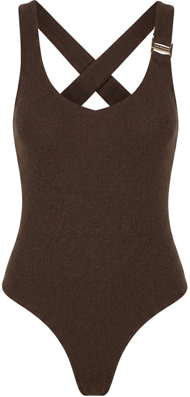 Malelions Women Cross Back Bouclé Bodysuit Bruin