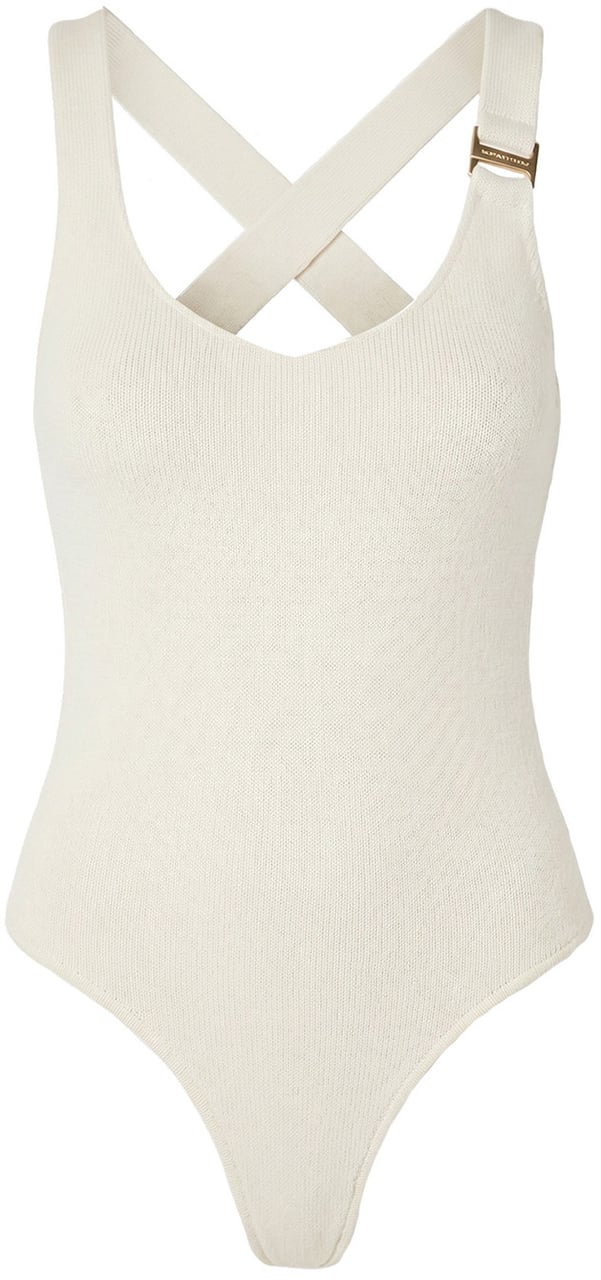 Malelions Women Cross Back Bouclé Bodysuit Wit