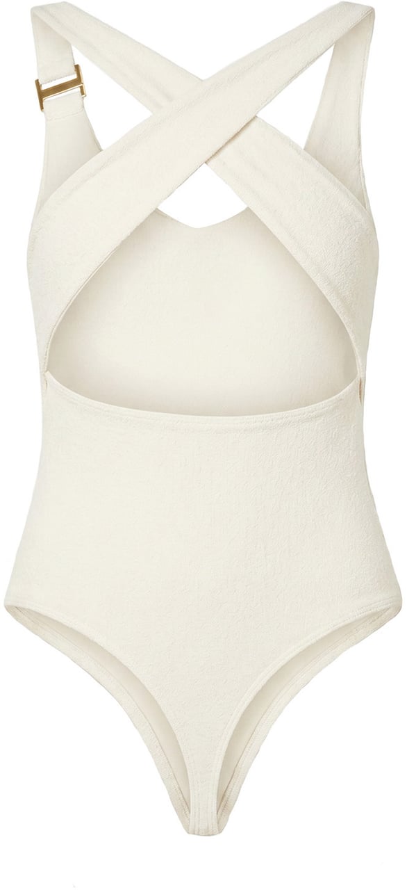 Malelions Women Cross Back Bouclé Bodysuit Wit