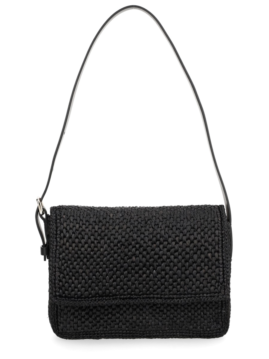 Manebi Paloma Tightly Woven Flap Raffia Shoulder Bag Zwart