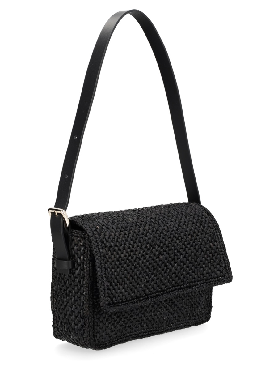 Manebi Paloma Tightly Woven Flap Raffia Shoulder Bag Zwart
