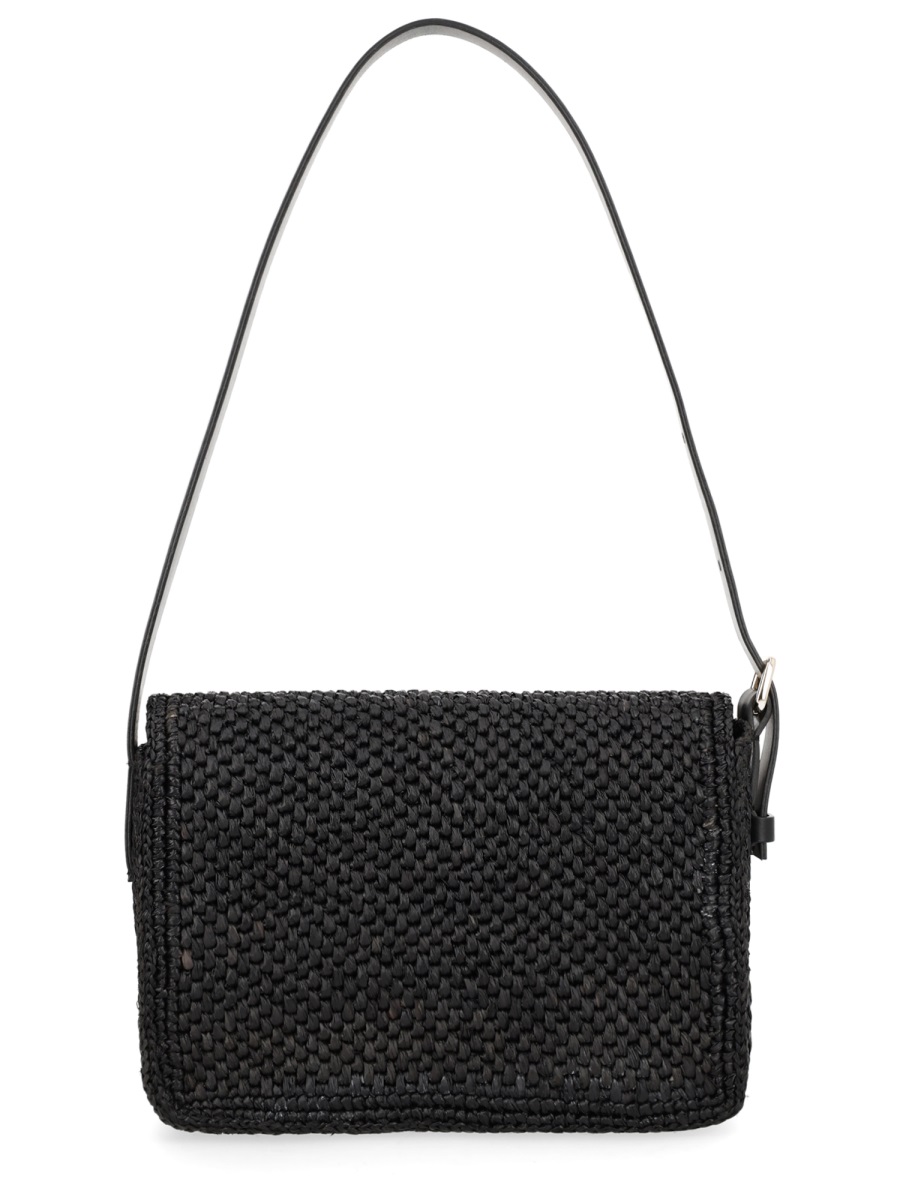 Manebi Paloma Tightly Woven Flap Raffia Shoulder Bag Zwart