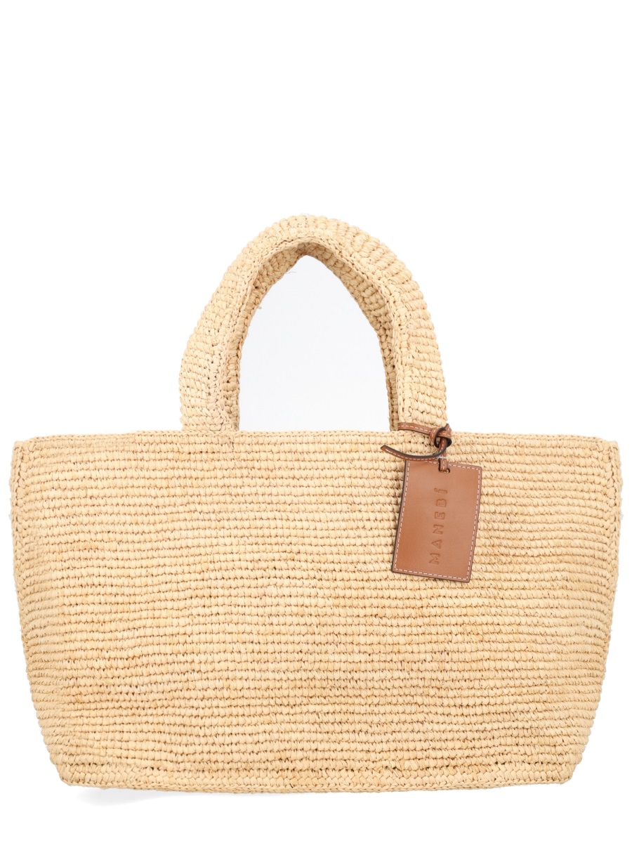 Manebi Sunset Woven Raffia Leather Tag Tote Bag Bruin