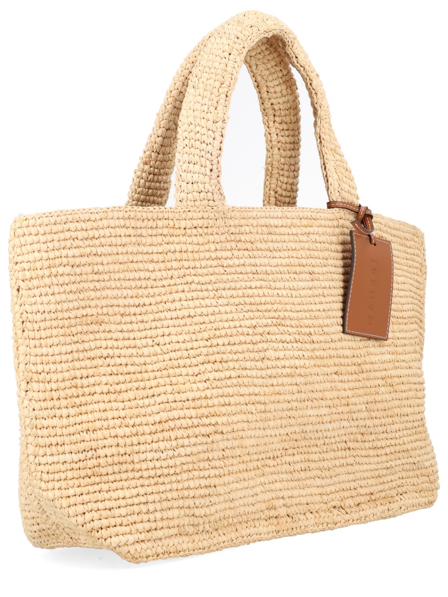 Manebi Sunset Woven Raffia Leather Tag Tote Bag Bruin