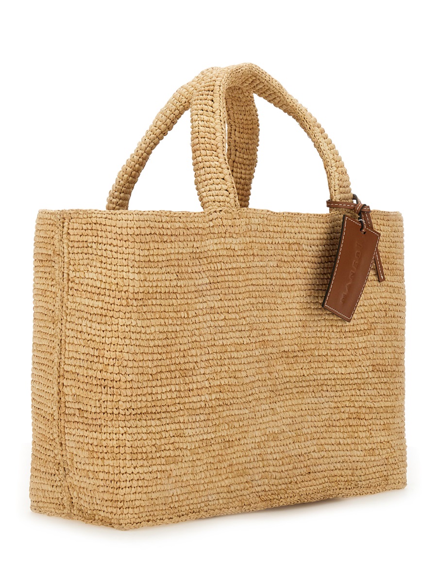 Manebi Sunset Woven Raffia Leather Tag Tote Bag Bruin