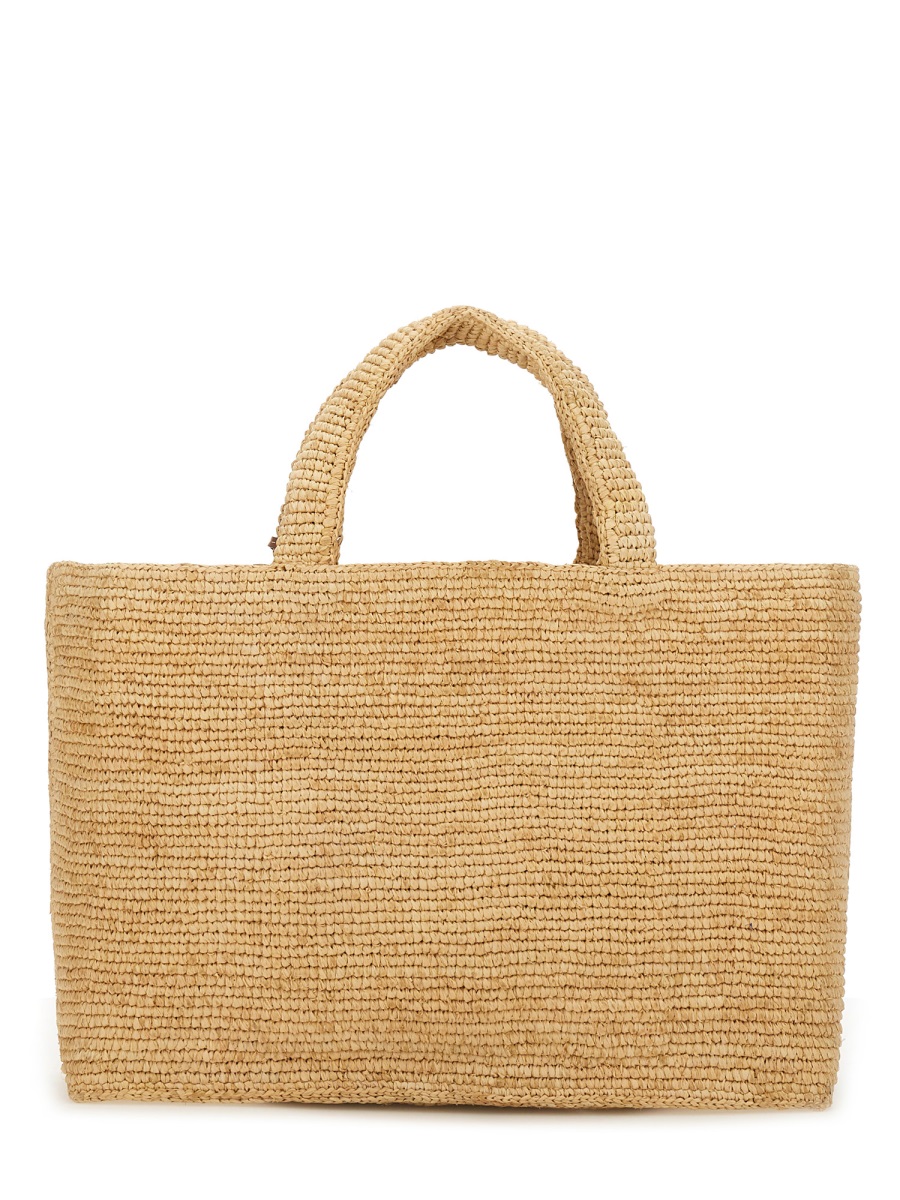 Manebi Sunset Woven Raffia Leather Tag Tote Bag Bruin