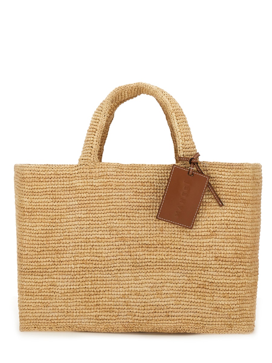 Manebi Sunset Woven Raffia Leather Tag Tote Bag Bruin