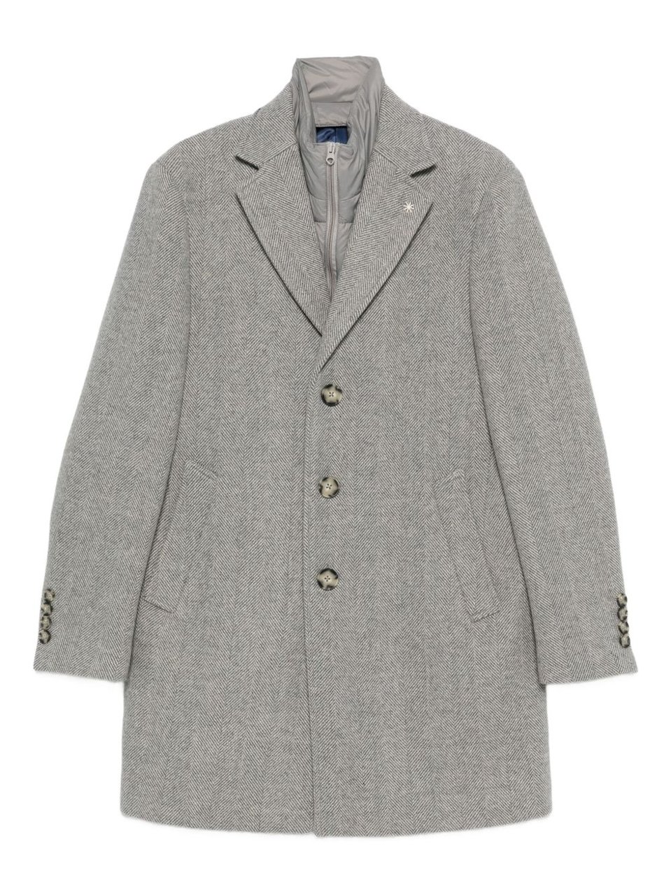 Manuel Ritz Grey Herringbone Single-Breasted Coat With Notched Lapels And Flap Pockets Grijs