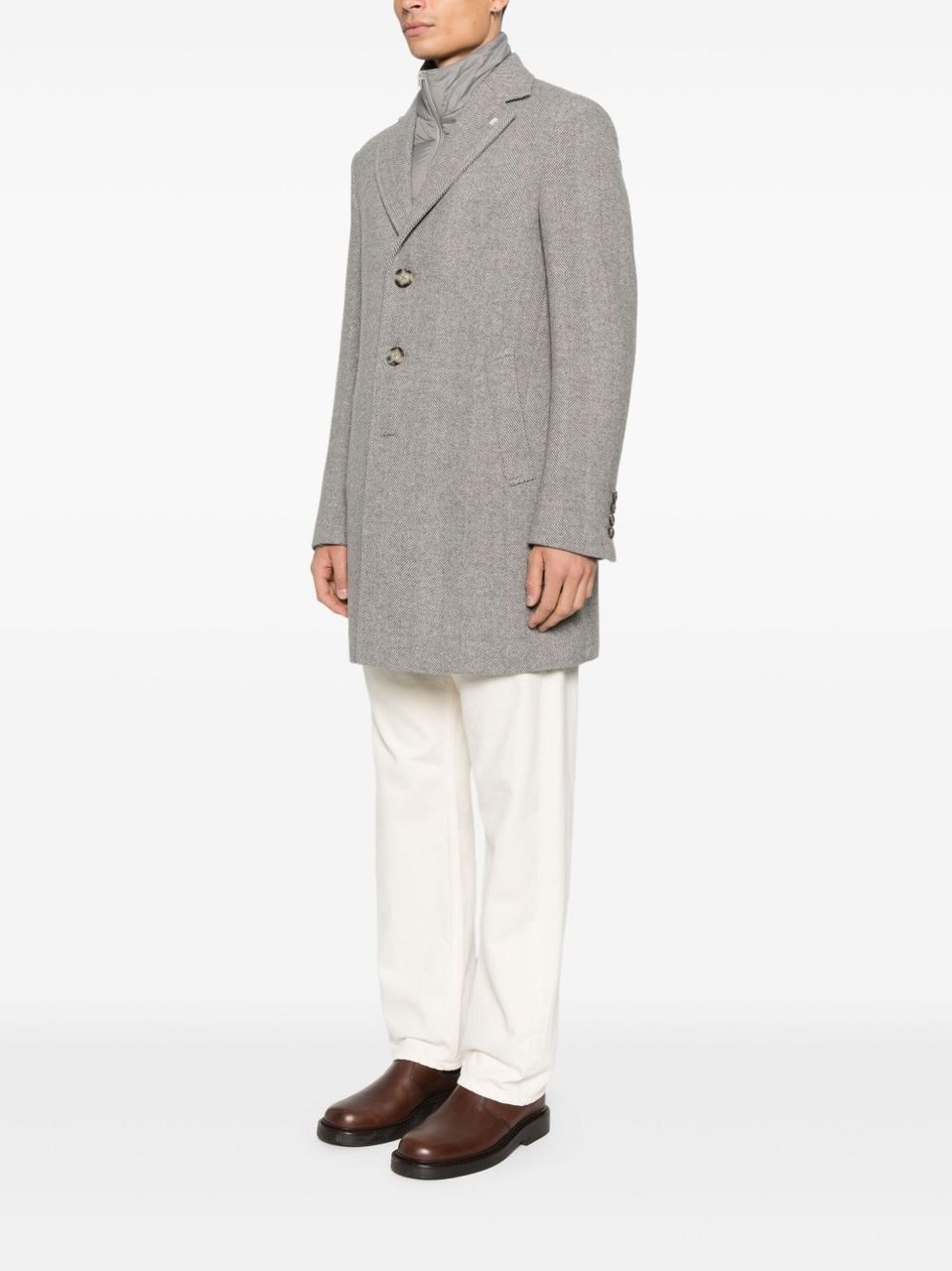 Manuel Ritz Grey Herringbone Single-Breasted Coat With Notched Lapels And Flap Pockets Grijs