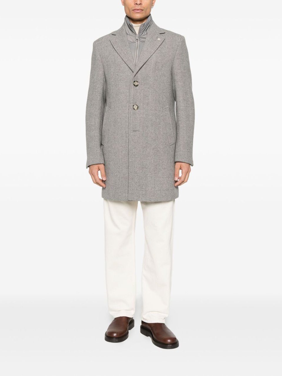 Manuel Ritz Grey Herringbone Single-Breasted Coat With Notched Lapels And Flap Pockets Grijs
