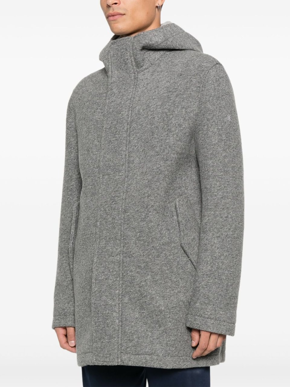 Manuel Ritz Hooded Grey Wool Coat With Flap Pockets And Concealed Closure Grijs