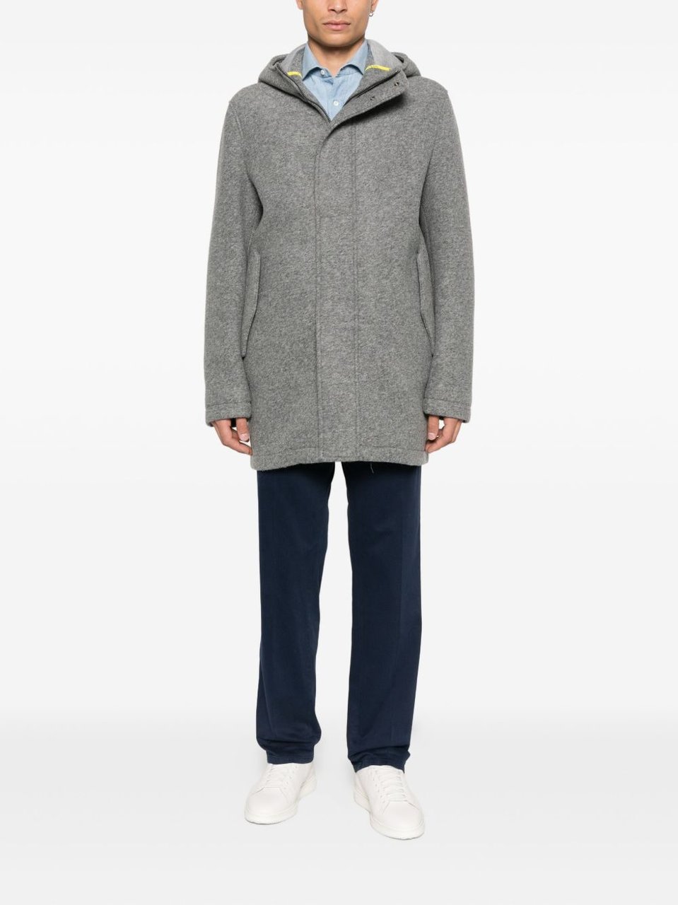 Manuel Ritz Hooded Grey Wool Coat With Flap Pockets And Concealed Closure Grijs
